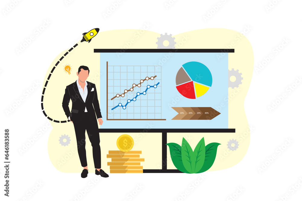 Businessman and graph on screen. Vector illustration in flat style. Businessman and graph on screen. Vector illustration in flat style.