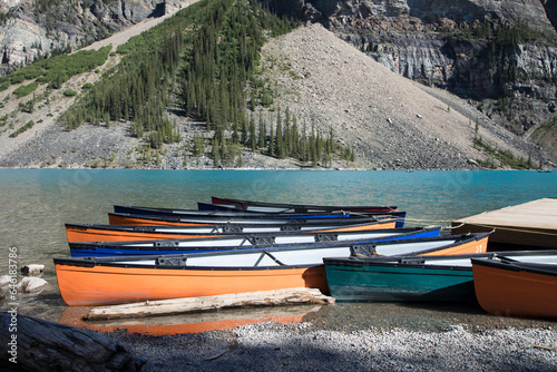Beautiful view of kayak dock at Lake Moraine in Banff National Park in Canada