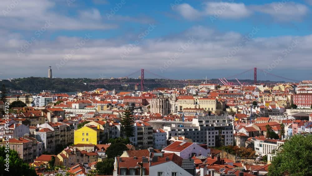 Time-lapse of Lisbon famous view from Miradouro dos Barros tourist viewpoint over Alfama old city district, 25th of April Bridge and Christ the King statue. Lisbon, Portugal. Zoom in effect Time-lapse of Lisbon famous view from Miradouro dos Barros tourist viewpoint over Alfama old city district, 25th of April Bridge and Christ the King statue. Lisbon, Portugal. Zoom in effect