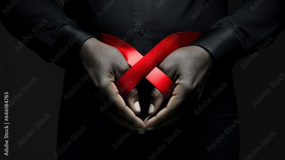 Holding hands with red ribbon on dark background, World AIDS Day, concept of helping those in need