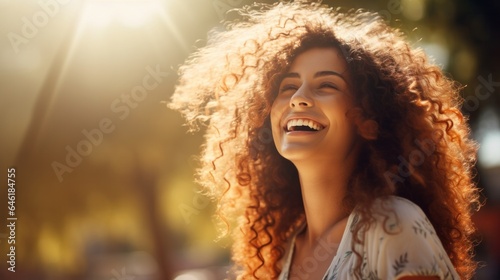 On a sunny day  a young woman with curly hair is standing outside in a park and laughing.