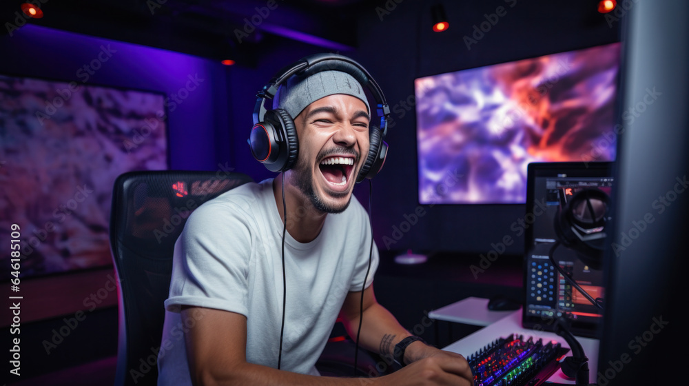 Portrait of a Gamer Wearing Headphones and Playing Online Game on Personal Computer. - obrazy, fototapety, plakaty 
