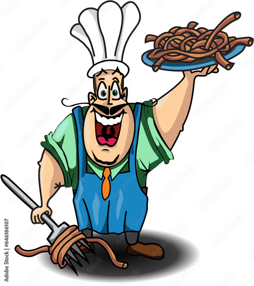 Cozinheiro bigodudo com um prato de macarrão e um garfo.