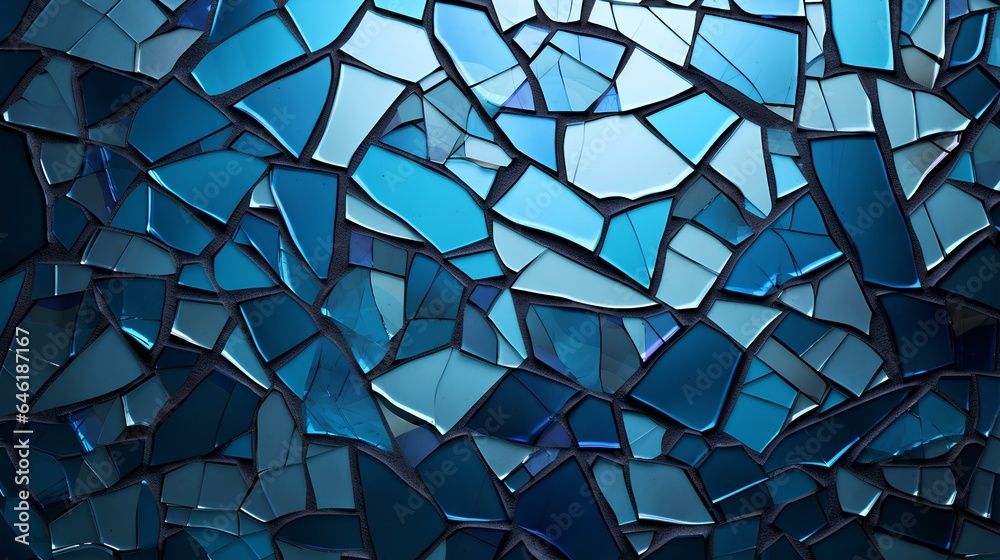 Broken blue glass mosaic. Blue shards background. Broken mirror close-up. Background from shattered blue. generative AI - obrazy, fototapety, plakaty 