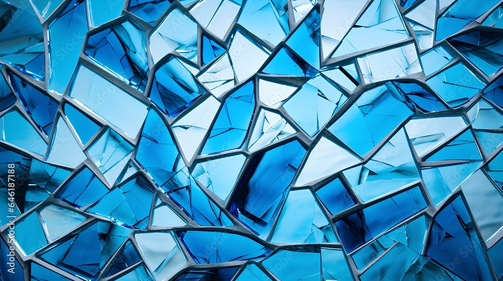 Broken blue glass mosaic. Blue shards background. Broken mirror close-up. Background from shattered blue. generative AI