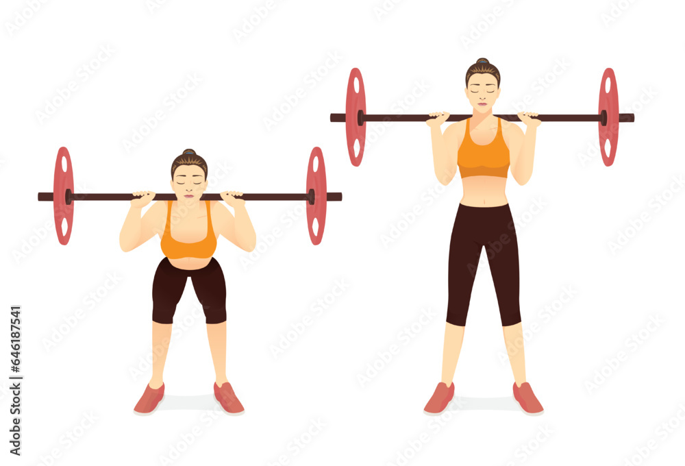 Woman doing Barbell workout in good morning barbell pose by weight Bar. Free weight exercise target on shoulder, back, hip, and arm with equipment.