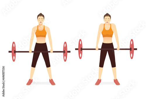 Sport woman doing exercise with barbell shoulder shrugs pose by weight bar. How to Free weight exercise at the shoulder weight lifting equipment.