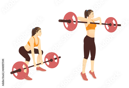 Woman doing Barbell workout in barbell High Pull pose by weight Bar. Free weight exercise target on shoulder, back, hip, arm, leg with equipment.