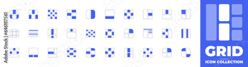Grid icon collection. Duotone style line stroke and bold. Vector illustration. Containing layout, grid lines, apps, site map, bottom view, grid, bars, footer, and more.