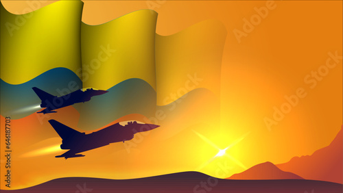 fighter jet plane with colombia waving flag background design with sunset view suitable for national colombia air forces day event