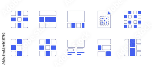 Grid icon set. Duotone style line stroke and bold. Vector illustration. Containing listing, grid, content design, layout, pictures.