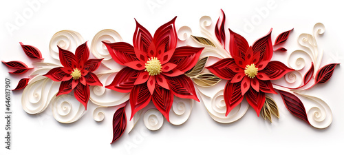 Red Poinsettia with White Ornamentation Made of Quilled Paper - Generative AI