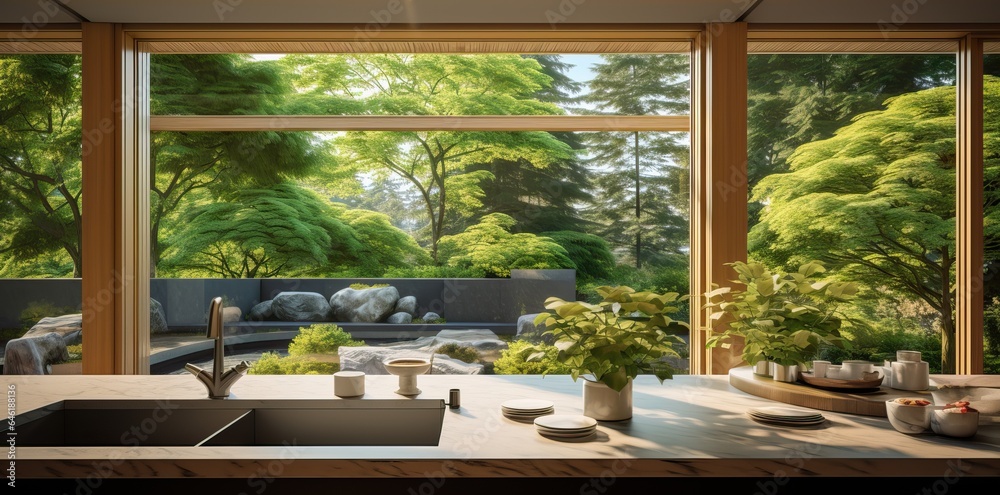 Modern Wooden Interior Designin the middle of the Forest, Trees and Vegetation view from the Window.