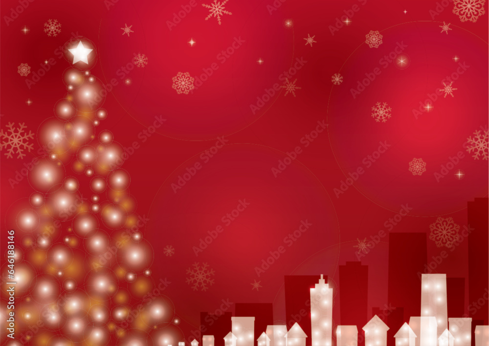 クリスマスツリーと街並みの赤い背景