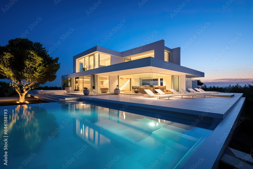Luxurious Exterior Design of a Modern White House with a Pool. Expensive.