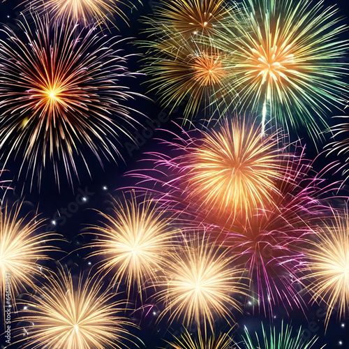 Fireworks celebration for New Years and 4th of July Independence Day celebrational background featuring various colored fireworks explosions