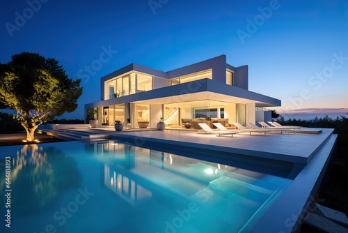 Luxurious Exterior Design of a Modern White House with a Pool. Expensive.