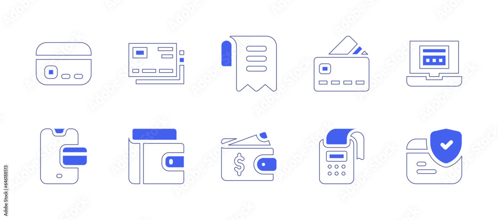 Payment icon set. Duotone style line stroke and bold. Vector illustration. Containing invoice, credit card, online payment, wallet, payment terminal, secured payment, mobile banking.