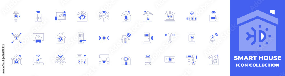 Smart house icon collection. Duotone style line stroke and bold. Vector illustration. Containing house, eco home, smart door, remote control, bell, voice assistant, smart tv, battery, and more.