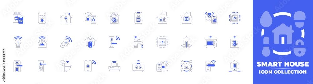 Smart house icon collection. Duotone style line stroke and bold. Vector illustration. Containing smart home, home automation, control, smartphone, toilet, speaker, chip, cpu, domotics, and more.