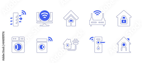 Smart house icon set. Duotone style line stroke and bold. Vector illustration. Containing router, home, smart door, house, air purifier, smart tv, washing machine, smart home, smart house. © Huticon