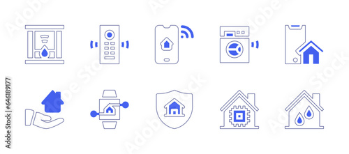 Smart house icon set. Duotone style line stroke and bold. Vector illustration. Containing smartphone, shield, share, smartwatch, washing machine, smarthome, cpu, humidifier, fireplace, remote control. © Huticon