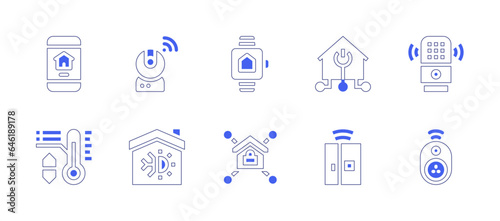 Smart house icon set. Duotone style line stroke and bold. Vector illustration. Containing application, webcam, air conditioner, domotics, voice assistant, smartwatch, fridge, plug, home network.