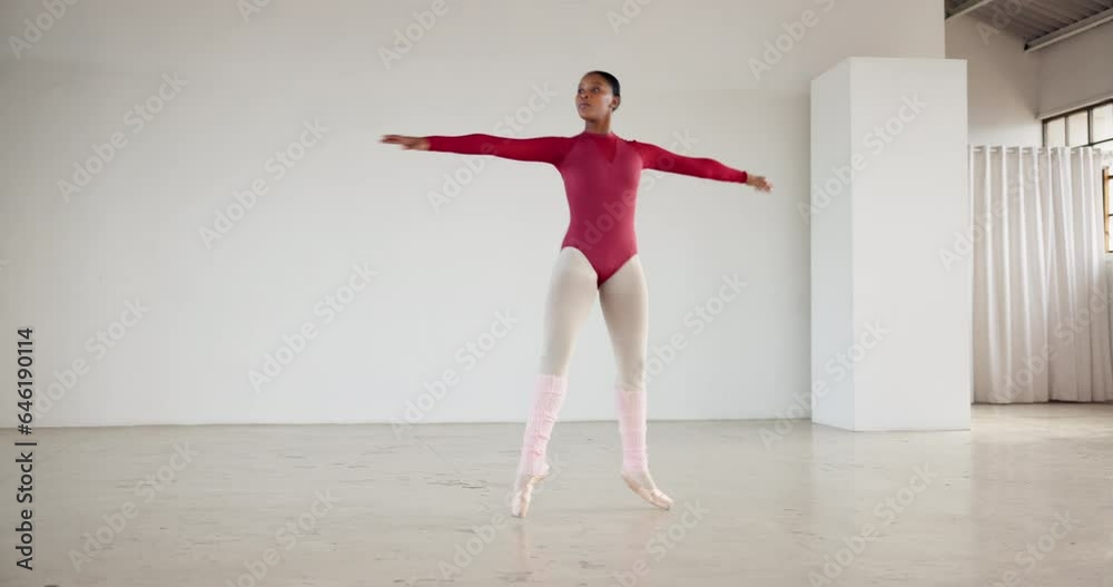 Woman, ballet and dancer spinning around in studio on point feet for creative dancing performance. Talent, person and artist at academy or theatre for fitness training, workout and competition