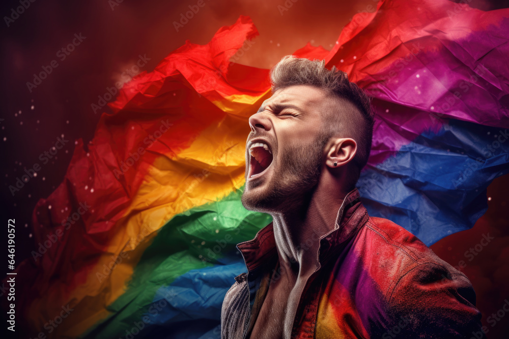 Gay Blonde Young Man Screaming with Frustration and Anger with Gay Pride Rainbow Flag in the Background, Generative AI