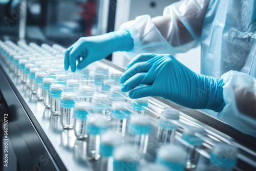 Medical Gloves Handling Test Tube Vials in Laboratory, Vaccine - Generative AI photo