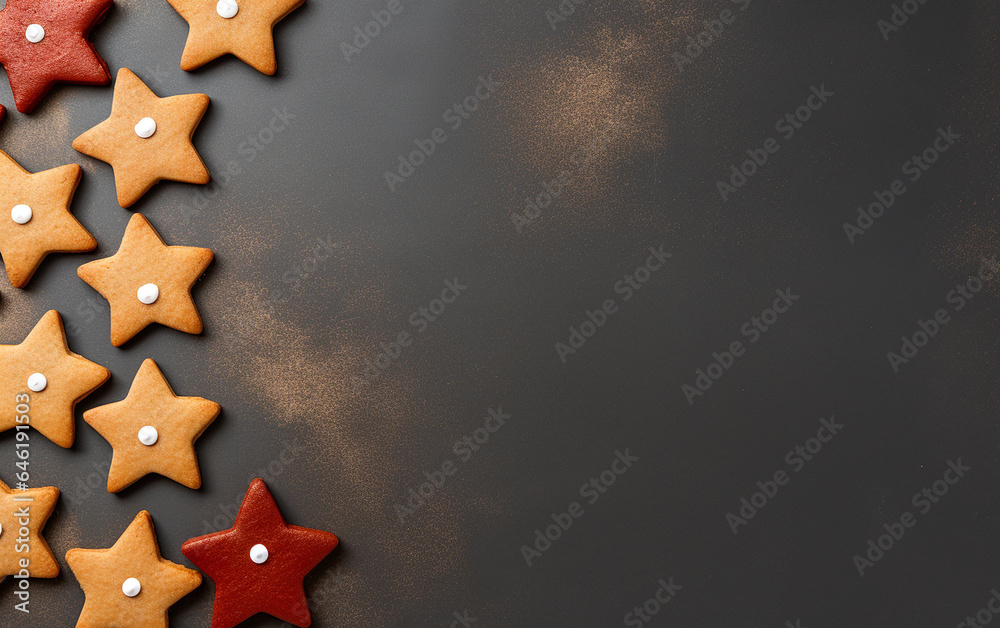Christmas ginger and honey cookie on isolated background in minimalistic sryle. Star, fir tree, snowflake shape.