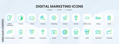 Digital marketing icon collection with blue and green gradient outline style. marketing, digital, social, media, business, internet, web. Vector Illustration