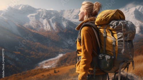 Woman with Backpack Hiking in Mountains