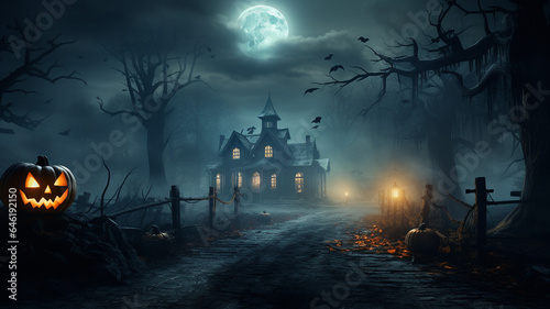 a halloween haunted house in the woods lit by moon light