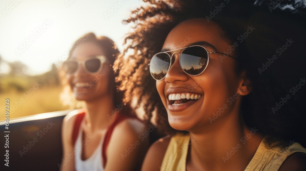 Happy multiracial women smiling in a car during a summer road trip.