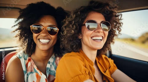Happy multiracial women smiling in a car during a summer road trip. © Pro Hi-Res