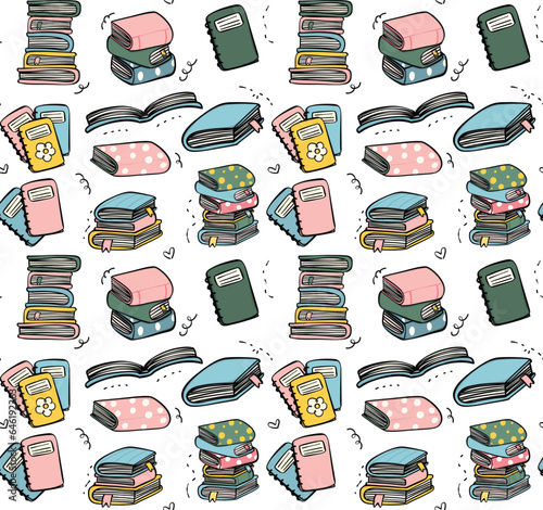 Seamless background a stack of adorable books, perfect for back to school designs. Ideal for educational projects.
