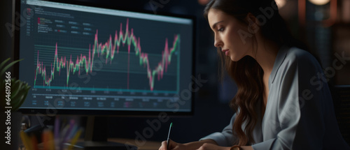Businesswoman Analyzing Financial Charts and Graphs