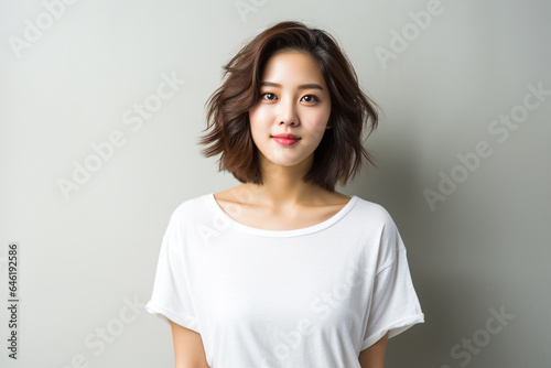 Portrait of a smiling Asian woman wearing a t-shirt with standing and looking at the camera. Face of healthy woman, Lifestyle portrait photography.