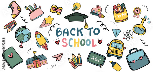 School Stationery Supplies Collection. Cute Doodle Art banner