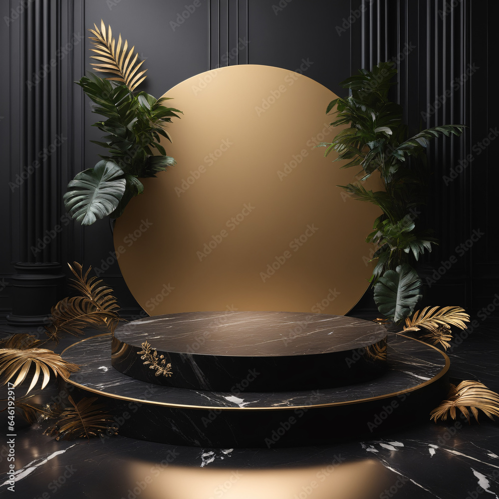 3d render of golden podium on black marble background with palm leaves ...