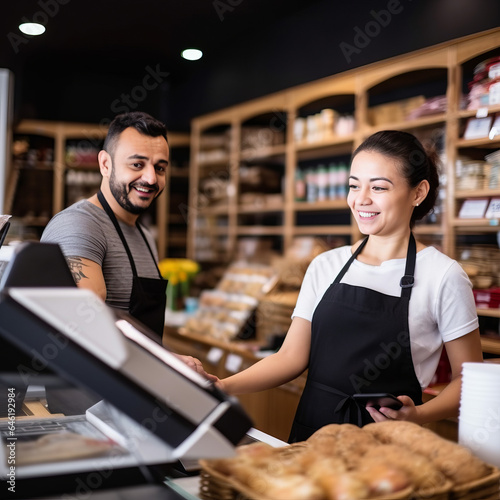 cashier in the store serving the costumer