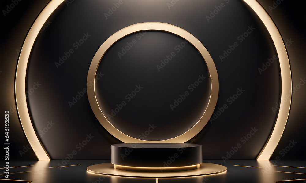 3D abstract studio room with pedestal podium. black geometric platform with black and golden layers circles backdrop. Luxury scene for demonstration of cosmetic products. AI generative. 3D abstract studio room with pedestal podium. black geometric platform with black and golden layers circles backdrop. Luxury scene for demonstration of cosmetic products. AI generative.
