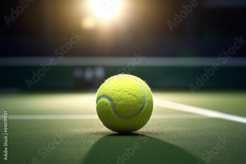 A close-up shot of the tennis ball on the tennis court in the gymnasium. Lifestyle concept for sports and hobbies. © cwa