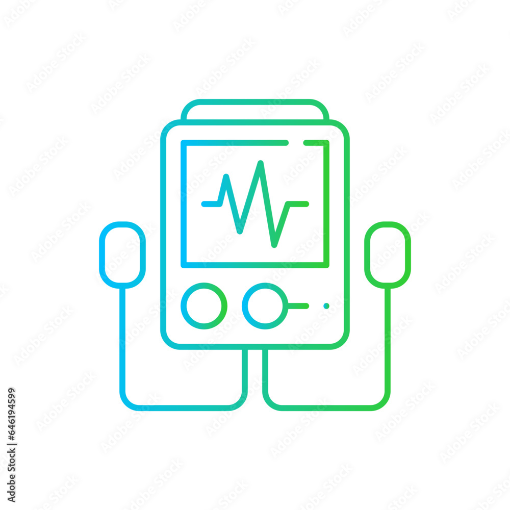 Defibrilator medical and health icon with blue and green gradient outline. defibrillator, emergency, heart, resuscitation, aed, medical, cardiac. Vector illustration Defibrilator medical and health icon with blue and green gradient outline. defibrillator, emergency, heart, resuscitation, aed, medical, cardiac. Vector illustration