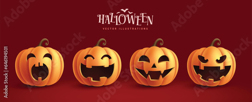 Halloween pumpkin vector set design. Halloween orange pumpkins and squash collection with spooky, scary and horror facial expression in red background. Vector illustration pumpkins elements collection