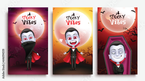 Halloween spooky vibes text vector set design. Halloween dracula man character collection in night full moon graveyard cemetery for party postcard. Vector illustration spooky vibes poster collection.
