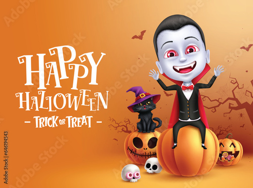 Happy halloween text vector design. Halloween trick or treat greeting with vampire character, cat and pumpkins elements for horror party decoration. Vector illustration spooky invitation card. 
