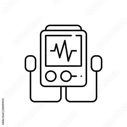 Defibrilator medical and health icon with black outline. defibrillator, emergency, heart, resuscitation, aed, medical, cardiac. Vector illustration