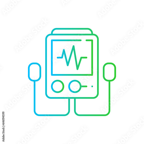 Defibrilator medical and health icon with blue and green gradient outline. defibrillator, emergency, heart, resuscitation, aed, medical, cardiac. Vector illustration